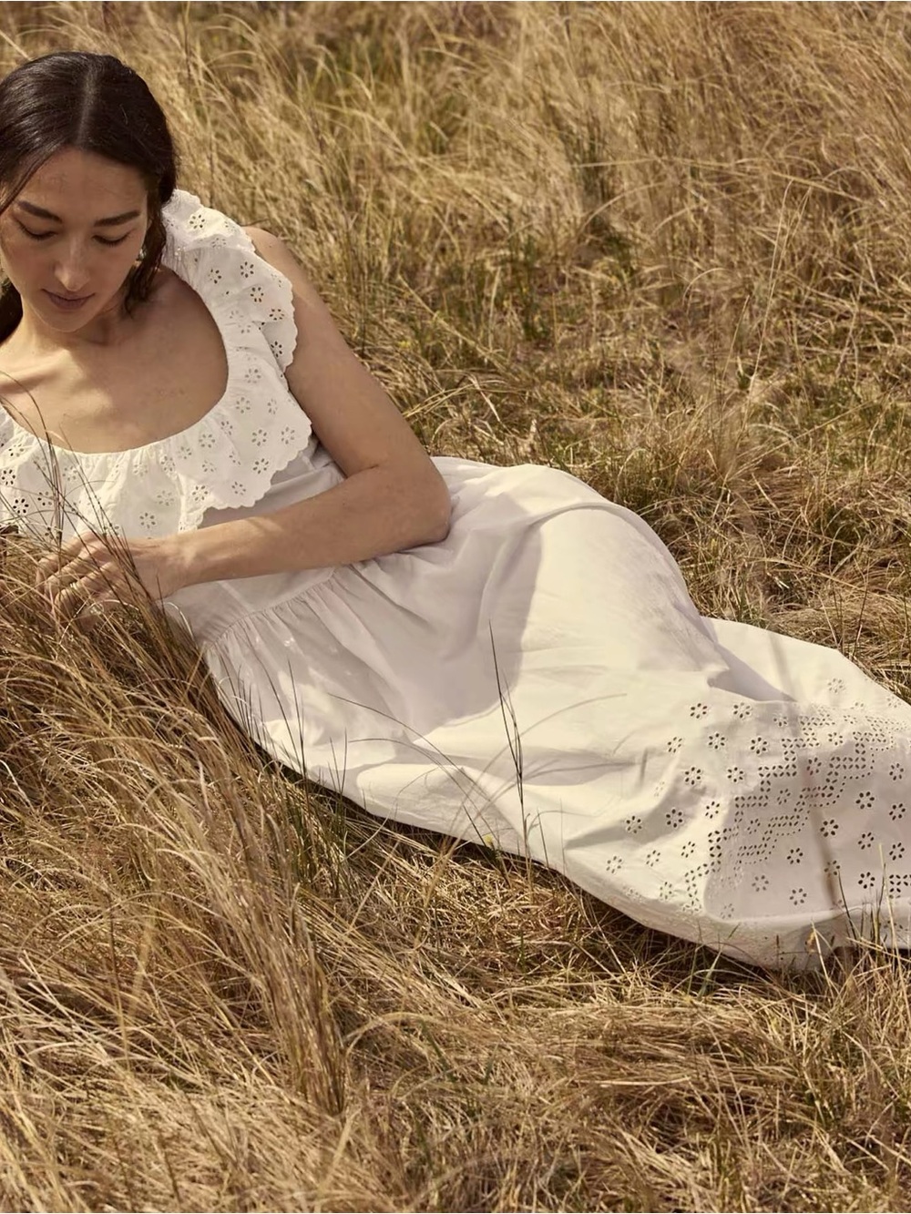 White Eyelet Maxi Dress with Scalloped Neckline